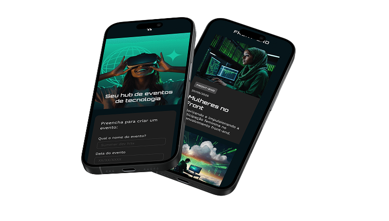 Tela do App Tecboard em dois celulares pretos sobrepostos com destaque para o hub de eventos de tecnologia.